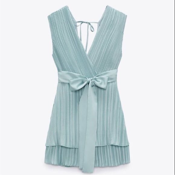 Zara Pleated Belted Layered Romper in Aqua Green M NWT - Picture 4 of 11